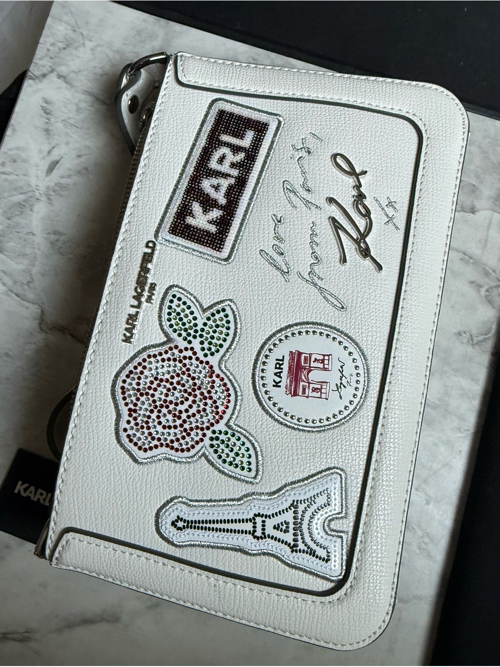 Karl Lagerfeld White Embellished Leather Wristlet Clutch